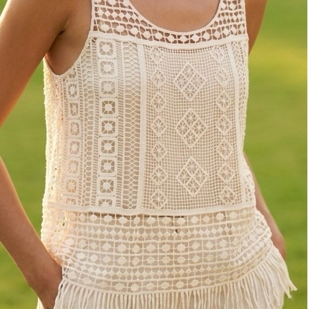 Lauren Ralph Lauren Crochet Tank Top Womens Cream Fringe Boho Festival Knit